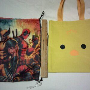 2 KIDS BAGS MARVEL WOLVERINE DEADPOOL DRAWSTRING & HIYOKOCHAN NISSIN CHICKEN TOT